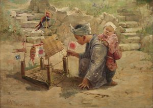 Japansk gutt som bygger en krigsmann, 1895. av J. C. Arter.