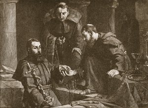 Skjuler skatter ved undertrykkelsen av et kloster, illustrasjon fra The Church of England: A History for the People av H.D.M. Spence-Jones, pub. ca. 1910 litho sepia-foto av J. Cooke