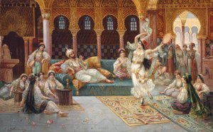 En haremsdans (olje på lerret lagt ned om bord) av J. G. Delincourt