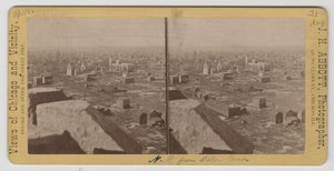 Stereograf av utsikt nordvest fra Water Tower etter Chicago-brannen i 1871 av J. H. Abbott
