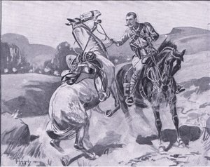 Major Brown, 14th Hussars, holder liet Browns hest under kraftig ild, illustrasjon fra After Pretoria: The Guerilla War, 1902 av J. H. Thorneley