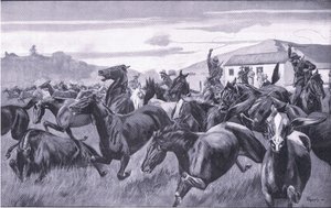 Boere som raiderer Remount Depot på Braamfontein, fra After Pretoria: The Guerilla War utgitt av Harmsworth Bros Limited, 1901 av J. H. Thornely