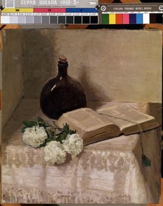 "Stilleben med en flaske, åpen bok og hvite blomster" (Stilleben med en bok) Maleri av Johannes Hansch (1875-1946) Mål 45 x 41,5 cm Mikalojus Konstantinas Ciurlionis Museum of Fine Arts, Kaunas, Litauen av J. Hansch