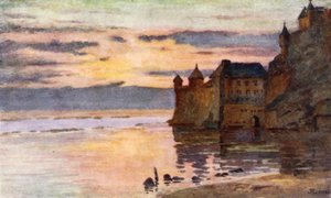 Gendarmerie, Tour Gabriel og River Coesnon, Mont St Michel (farge litho)