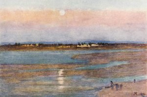 Måneoppgang ved solnedgang, fra La Croix Blanche, Mont St Michel (farge litho)
