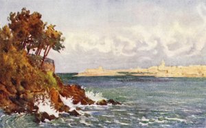 St Malo fra Priory Beach, Dinard (farge litho)