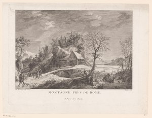 Utsikt over et hus nær en bro med figurer Montagne près de Rome (tittel på objekt) av J. Hémery