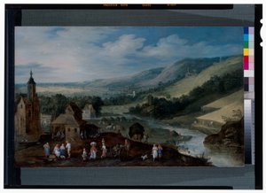 Et omfattende elvelandskap med bønder som samler inn avlingen av J. & Momper J. de (1564 1635) Brueghel