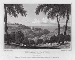 Mulgrave Castle, generell utsikt, Yorkshire (gravering) av John Preston Neale