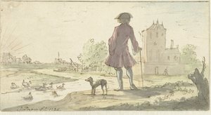 Mann med hund nær vann av J. Paon (signed by artist)