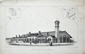 Ny stasjon på Dovor (sic). London, Chatham og Dovor Railway. 1860 (radering på papir) av J. R. Jobbins