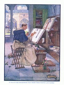 Det var i klostrene bøker ble skrevet og kopiert, fra English Literature pub.av T C & EC Jack, ca. 1920 av J. R. Skelton