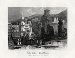 Ghat, Hurdwar, hinduer som bader i Ganges, 1800-tallet