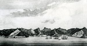 En utsikt over Cumberland Bay på øya Juan Fernandes, ca. 1745 (gravering) av J. S. Mason