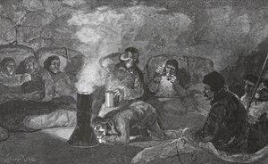Interiøret i vinterhytta vår på Camp Clay, under matlaging, pub fra 1883. London 1886