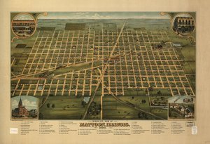 Fugleperspektiv av Mattoon, Illinois 1884. av J. W. Shober and Carqueville Smith