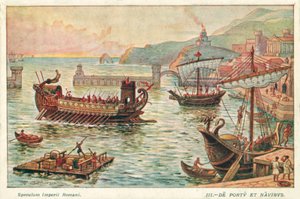 Gammel romersk havn og skip (farge litho)