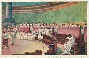 Cicero angriper Catilina i senatet i det gamle Roma (farge litho)