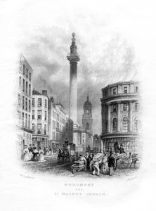 Monument og kirke til St Magnus the Martyr, London, 1800-tallet.