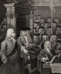 Underhuset i Sir Robert Walpoles administrasjon, gravert av R. Page, fra 'The Works of William Hogarth', utgitt 1833 (se 132107) av J. and Hogarth, W. Thornhill