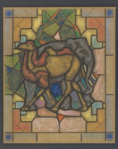 Design for et glassmaleri med en kamel og elefant av Jaap Weyand