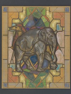 Design for et glassmaleri med en elefant og kamel av Jaap Weyand
