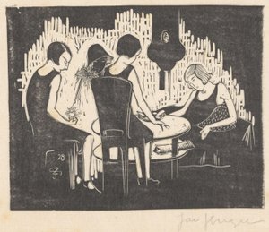 Fire kvinner sitter ved et bord av Jac Jongert (signed by artist)