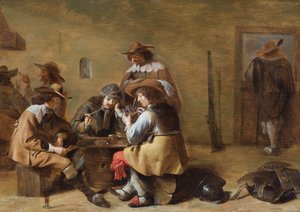 Interiøret i et vaktrom med kavalerer som spiller kort (olje på panel) av Jacob (attr.to) Duck