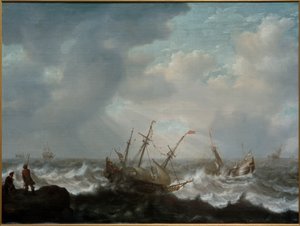 Treskipsførere og andre skip på stormfull sjø av Jacob Adriaensz Bellevois
