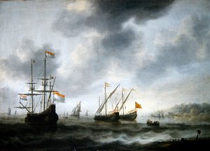Det nederlandske flaggskipet De Roode Leeuw og to engelske fartøyer (olje på lerret) av Jacob Adriaensz. Bellevois