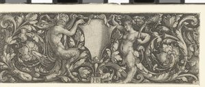 Frise med et skjold båret av en mannlig og en kvinnelig satyr av Jacob Binck (signed by artist)