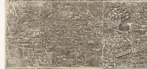 Plattegrond av Rome ti tide van keizer Augustus (midtste blad) Et veldig nøyaktig bilde av den gamle byen dannet fra gamle monumenter Skulpturer fra det gamle Roma fra spor etter ødelagte bygninger av Jacob Bos