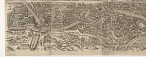 Plattegrond van Roma ten tijde van keizer Augustus (onderste blad) Et bilde av den gamle byen dannet svært nøyaktig fra gamle monumenter Skulpturer fra det gamle Roma fra spor av ødelagte bygninger (...) av Jacob Bos