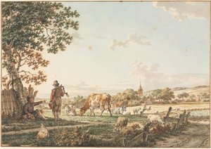 Pastoralt landskap med landsby