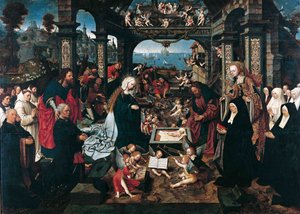 Kristi fødsel av Cornelisz van Oostsanen, Jacob (Jacob Cornelisz van Amsterdam) (ca. 1470-1533). olje på tre av Jacob Cornelisz van Oostsanen