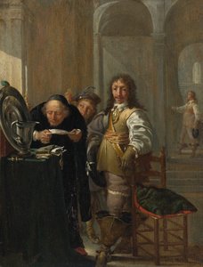 En kavaler som selger varene sine, med en gammel mann som leser et dokument og en ung gutt som holder en mynt