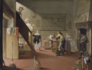 Elegant selskap som røyker og drikker på et vertshus / bordellscene