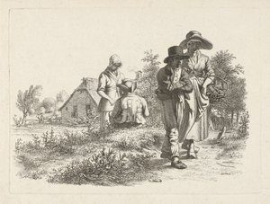 Blind kvinne og samtalende skikkelser på en gård Studietrykk / Etudes gravées (serietittel) av Jacob Ernst Marcus