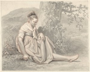 Bondepike sitter på bakken ved siden av et tre av Jacob Ernst Marcus