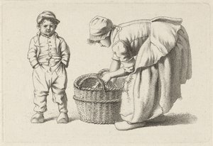 Bøyende jente med en kurv og et barn Studietrykk / Etudes gravées (serietittel) av Jacob Ernst Marcus