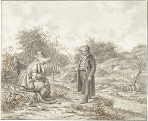 Kupert landskap med en sittende kvinne og en stående mann med en kurv av Jacob Ernst Marcus