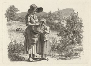 Ung kvinne og et barn ser i en kurv Studietrykk / Etudes gravées (serietittel) av Jacob Ernst Marcus