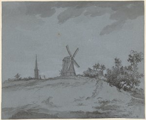 Landskap med vindmølle og kirke på en høyde av Jacob Ernst Marcus