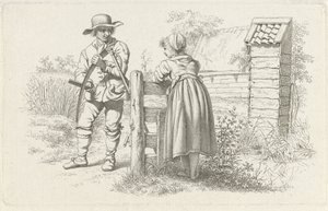 Klipper snakker med en jente Studietrykk / Etudes gravées (serietittel) av Jacob Ernst Marcus