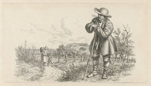 Mann lener seg på en pinne og en kvinne med et barn på en landevei Studietrykk / Etudes gravées (serietittel) av Jacob Ernst Marcus