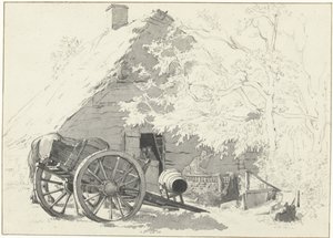 Melkevogn med hest foran en gård