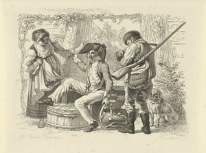 Soldat med hevet glass mellom en kvinne og en jeger Studietrykk / Etudes gravées (serietittel) av Jacob Ernst Marcus