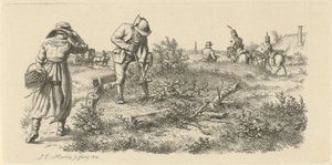 Gravende mann, en kvinne med kurv og soldater til hest Studietrykk / Etudes gravées (serietittel) av Jacob Ernst Marcus