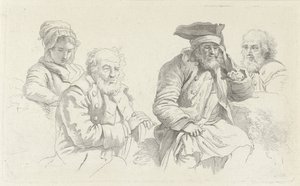 Studieark med tre gamle menn og en ung kvinne Studietrykk / Etudes gravées (serietittel) av Jacob Ernst Marcus