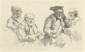 Studieark med tre gamle menn og en ung kvinne Studietrykk / Etudes gravées (serietittel) av Jacob Ernst Marcus